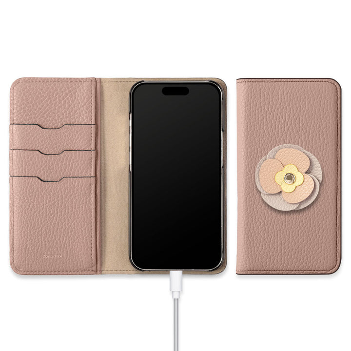 本革 32色 イタリアンシュリンクレザー リアルフラワーデコ 手帳型ケース iPhoneシリーズ