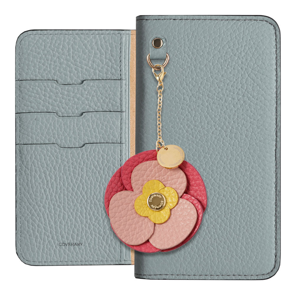 Étui portefeuille en cuir véritable italien grainé 32 couleurs avec breloque fleur réelle