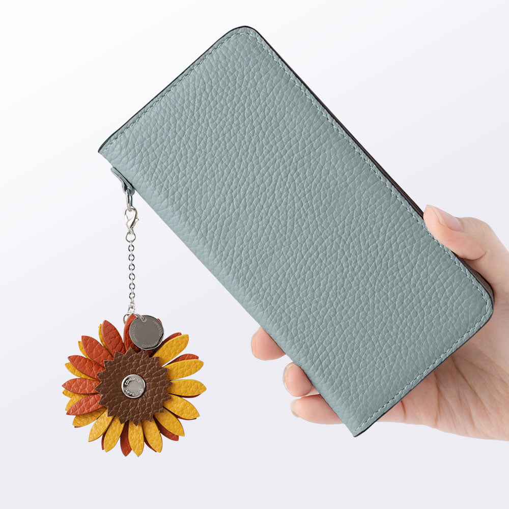 Étui portefeuille en cuir véritable italien grainé 32 couleurs avec breloque fleur réelle