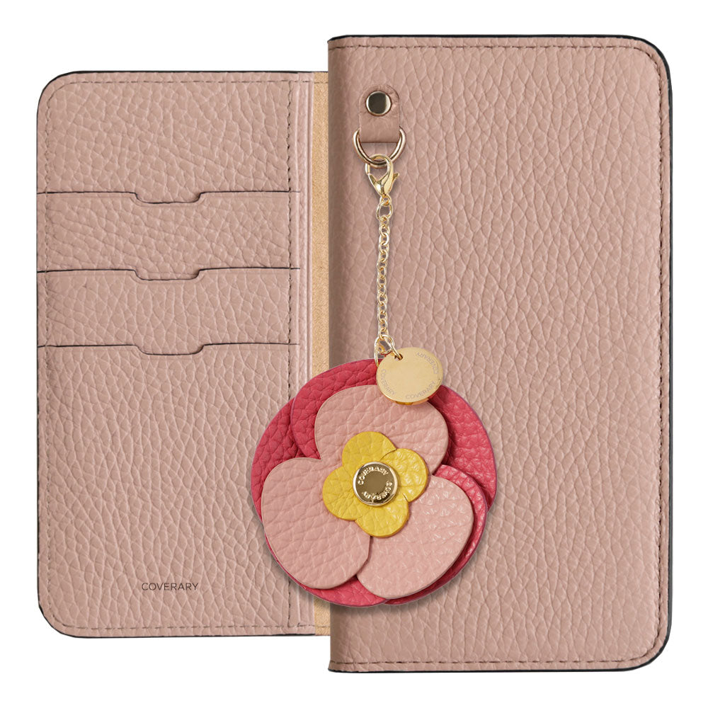 Étui portefeuille en cuir véritable italien grainé 32 couleurs avec breloque fleur réelle