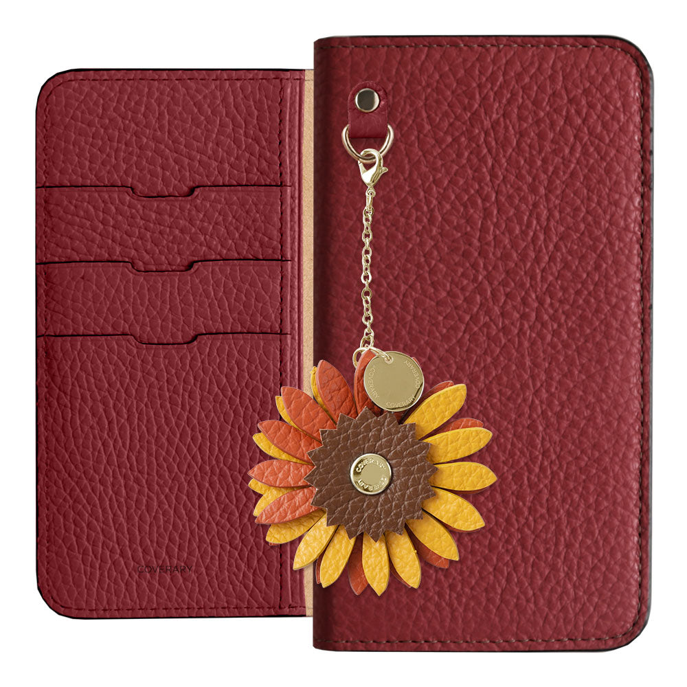 Étui portefeuille en cuir véritable italien grainé 32 couleurs avec breloque fleur réelle