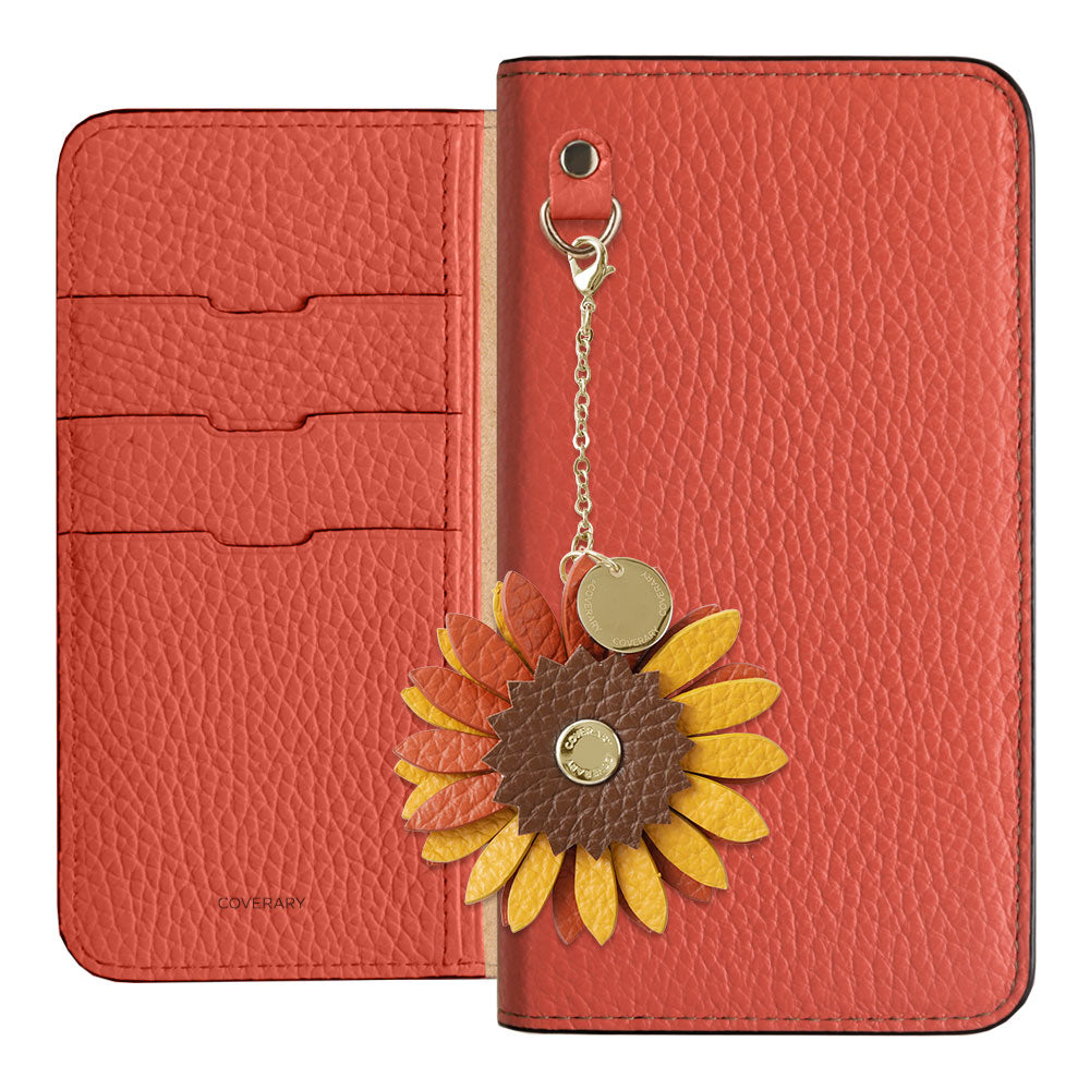 Étui portefeuille en cuir véritable italien grainé 32 couleurs avec breloque fleur réelle