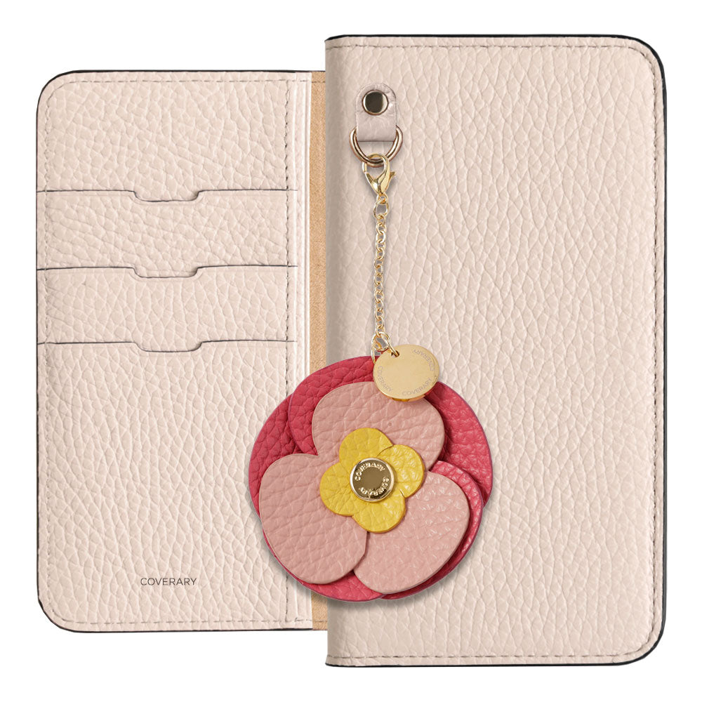 Étui portefeuille en cuir véritable italien grainé 32 couleurs avec breloque fleur réelle