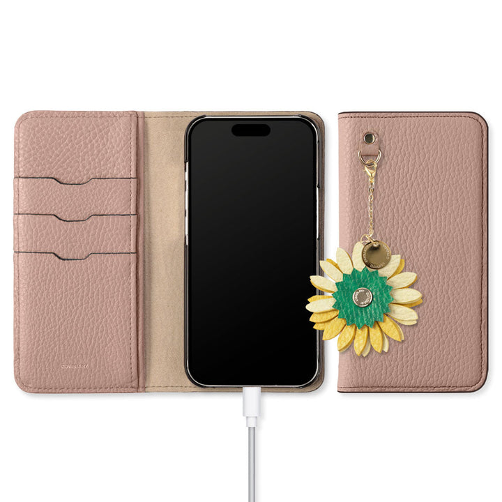 本革 32色 イタリアンシュリンクレザー リアルフラワーチャーム 手帳型ケース iPhoneシリーズ