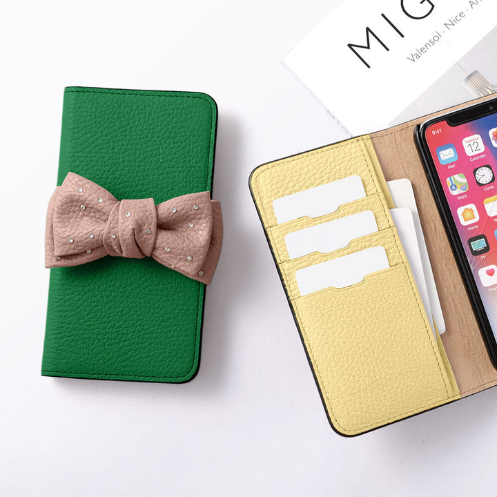 Genuine Leather 32 Colors Italian Shrink Leather Double Ribbon Decoration with Stone Notebook Case Galaxy Series