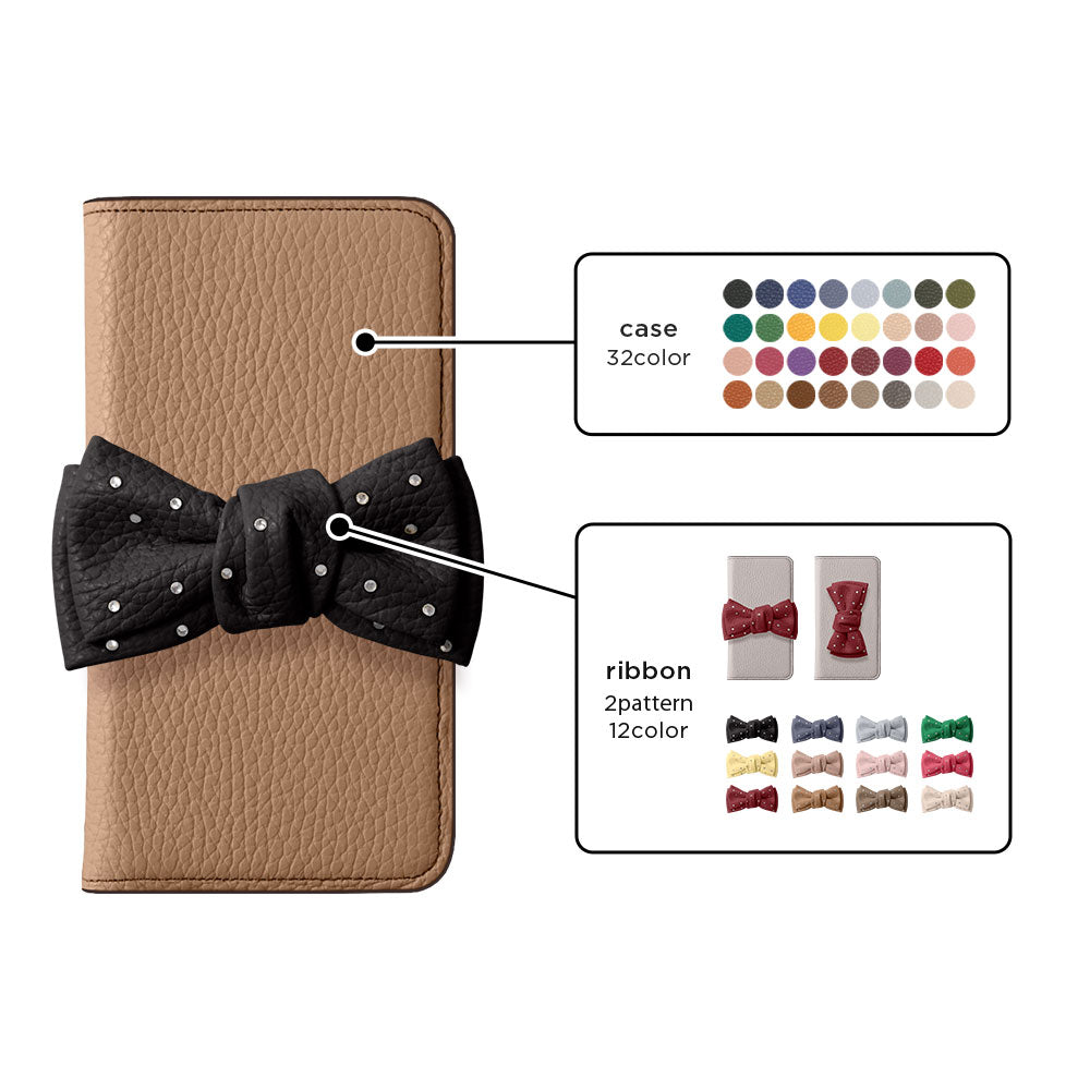 本革 32色 イタリアンシュリンクレザー ストーン付きダブルリボンデコ 手帳型ケース