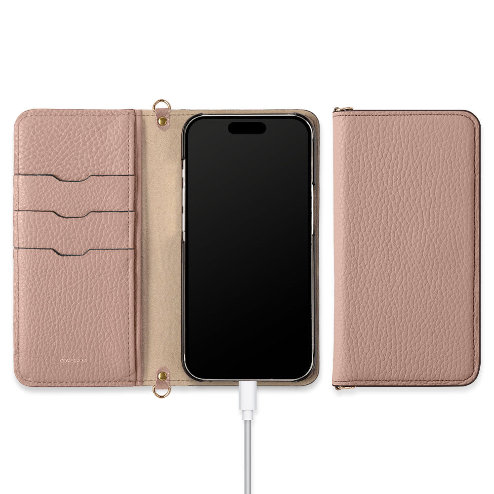 本革 32色 イタリアンシュリンクレザー スカーフチェーンハンドストラップ付き 手帳型ケース iPhoneシリーズ