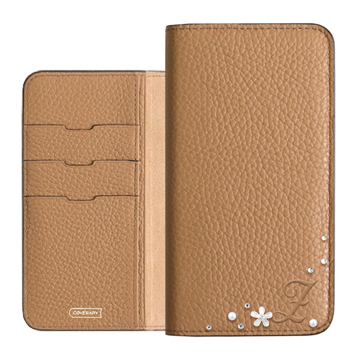Genuine leather 32 colors Italian shrink leather Initial flower decoration notebook-style case Xperia series