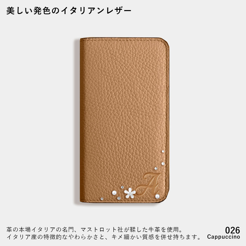 本革 32色 イタリアンシュリンクレザー イニシャル フラワーデコ 手帳型ケース iPhoneシリーズ