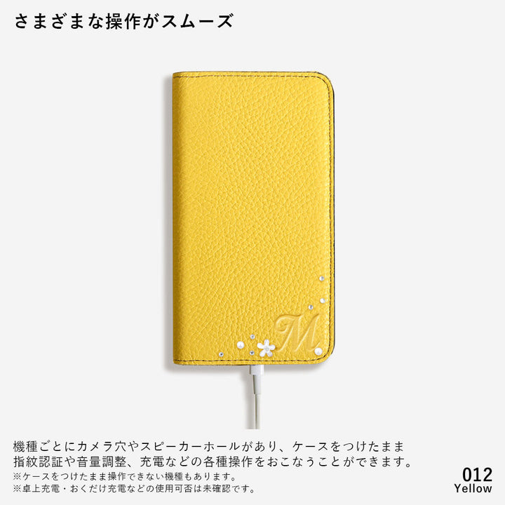 本革 32色 イタリアンシュリンクレザー イニシャル フラワーデコ 手帳型ケース Galaxyシリーズ