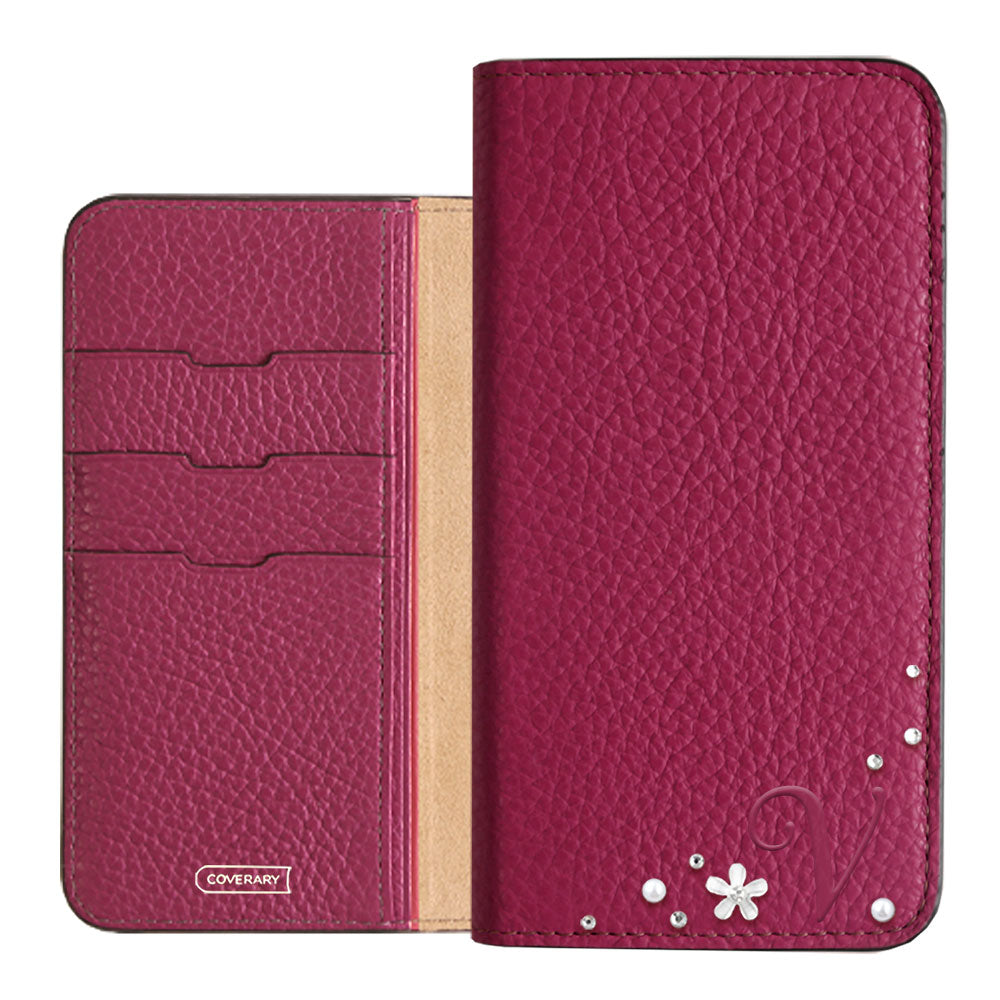Genuine leather 32 colors Italian shrink leather Initial flower decoration notebook-style case Xperia series