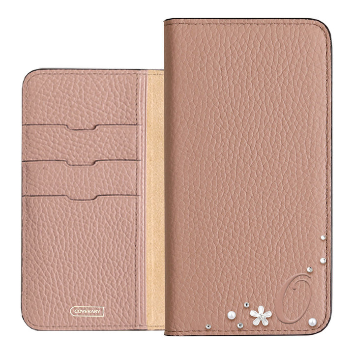 Genuine leather 32 colors Italian shrink leather Initial flower decoration notebook-style case Xperia series