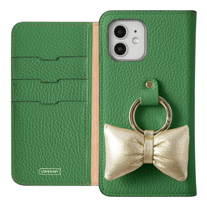 Genuine leather 32 colors Italian shrink leather with padded ribbon smartphone ring attached notebook-style case