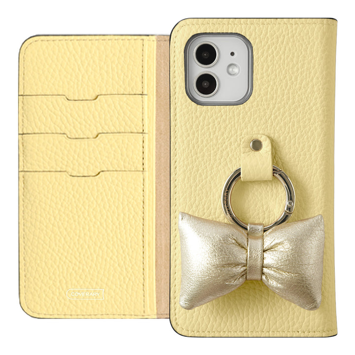 Genuine leather 32 colors Italian shrink leather with padded ribbon smartphone ring attached notebook-style case