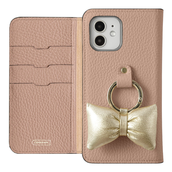 Genuine leather 32 colors Italian shrink leather with padded ribbon smartphone ring attached notebook-style case