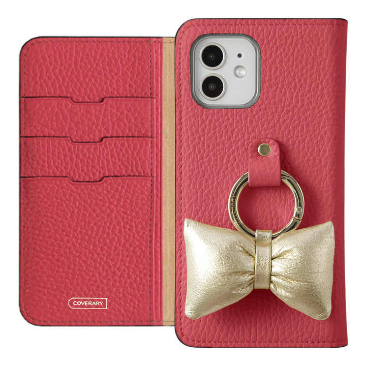 Genuine leather 32 colors Italian shrink leather with padded ribbon smartphone ring attached notebook-style case