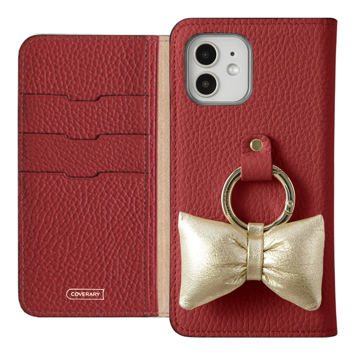 Genuine leather 32 colors Italian shrink leather with padded ribbon smartphone ring attached notebook-style case