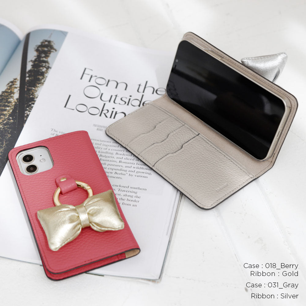 Genuine leather 32 colors Italian shrink leather with padded ribbon smartphone ring attached notebook-style case