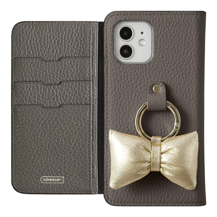 Genuine leather 32 colors Italian shrink leather with padded ribbon smartphone ring attached notebook-style case