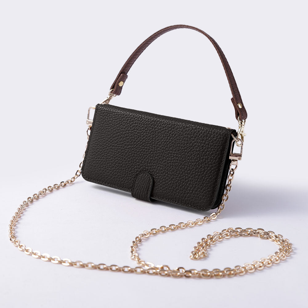 本革 32色 イタリアンシュリンクレザー ショートストラップ＆ゴールドチェーン付き 手帳型ケース（ベルトあり）