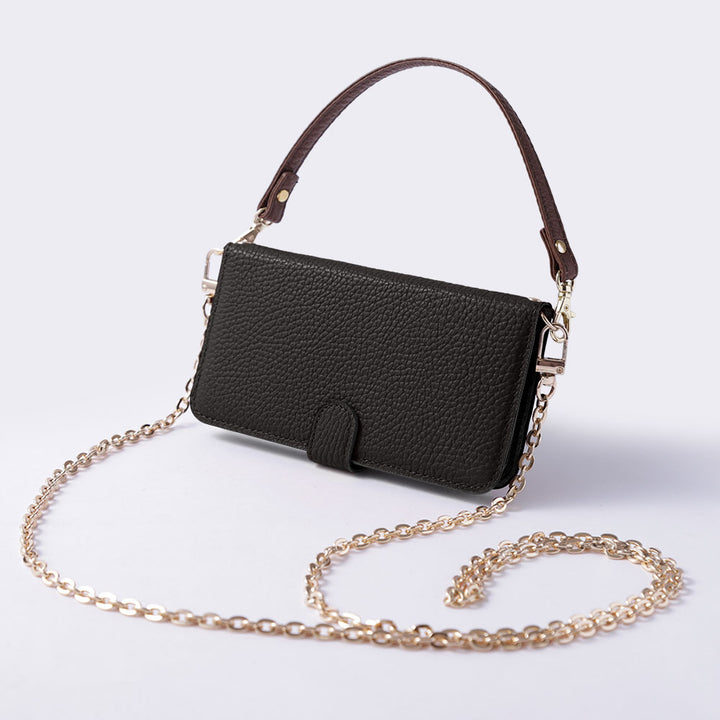 本革 32色 イタリアンシュリンクレザー ショートストラップ＆ゴールドチェーン付き 手帳型ケース（ベルトあり）