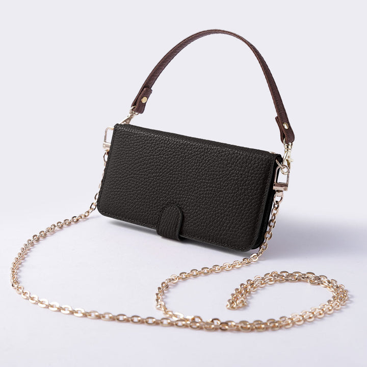 Étui portefeuille en cuir véritable italien grainé 32 couleurs avec sangle courte et chaîne dorée (avec ceinture) pour la série AQUOS