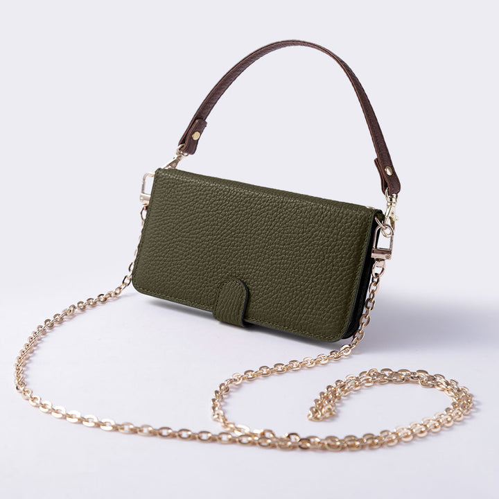 本革 32色 イタリアンシュリンクレザー ショートストラップ＆ゴールドチェーン付き 手帳型ケース（ベルトあり）