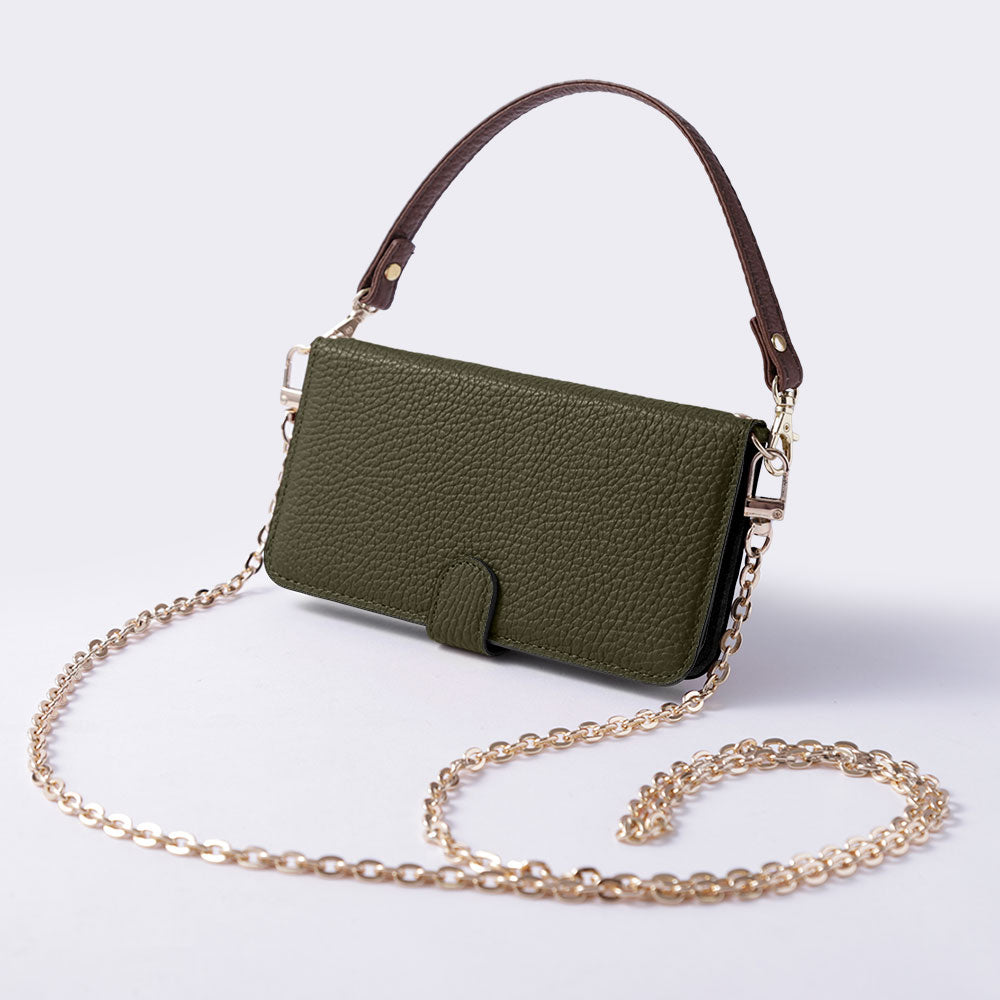 Étui portefeuille en cuir véritable 32 couleurs cuir italien grainé avec sangle courte et chaîne dorée (avec ceinture) pour la série Google Pixel