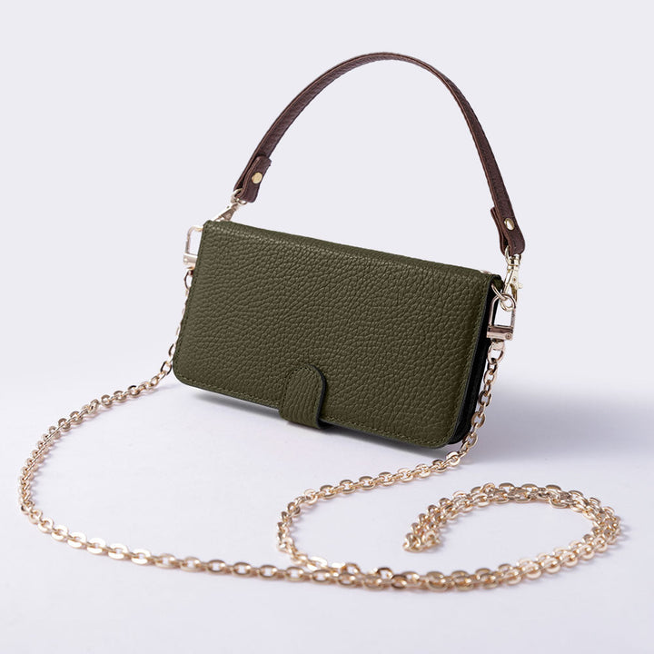 Étui portefeuille en cuir véritable 32 couleurs cuir italien grainé avec sangle courte et chaîne dorée (avec ceinture) pour la série Google Pixel