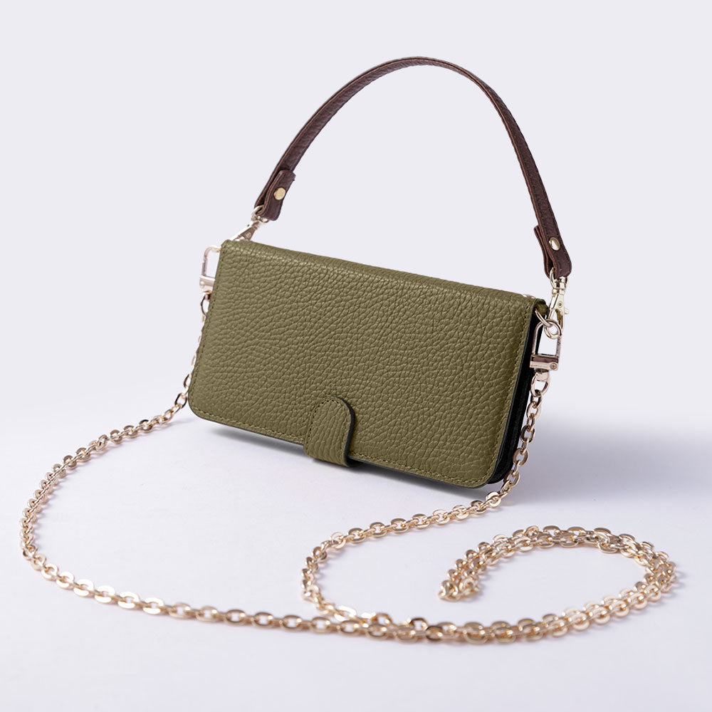 Étui portefeuille en cuir véritable 32 couleurs cuir italien grainé avec sangle courte et chaîne dorée (avec ceinture) pour la série Google Pixel