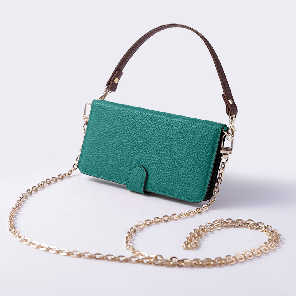 Étui portefeuille en cuir véritable italien grainé 32 couleurs avec sangle courte et chaîne dorée (avec ceinture) pour la série AQUOS