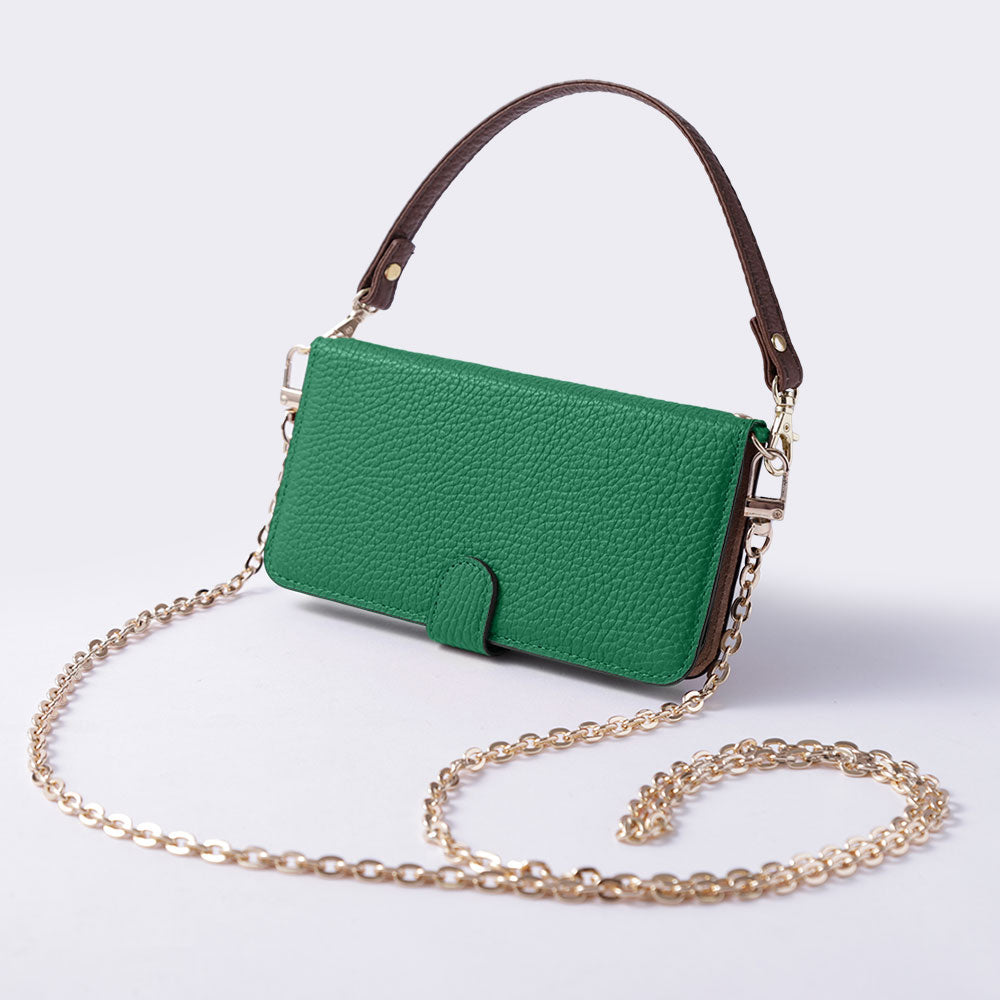 Étui portefeuille en cuir véritable italien grainé 32 couleurs avec sangle courte et chaîne dorée (avec ceinture) pour la série AQUOS