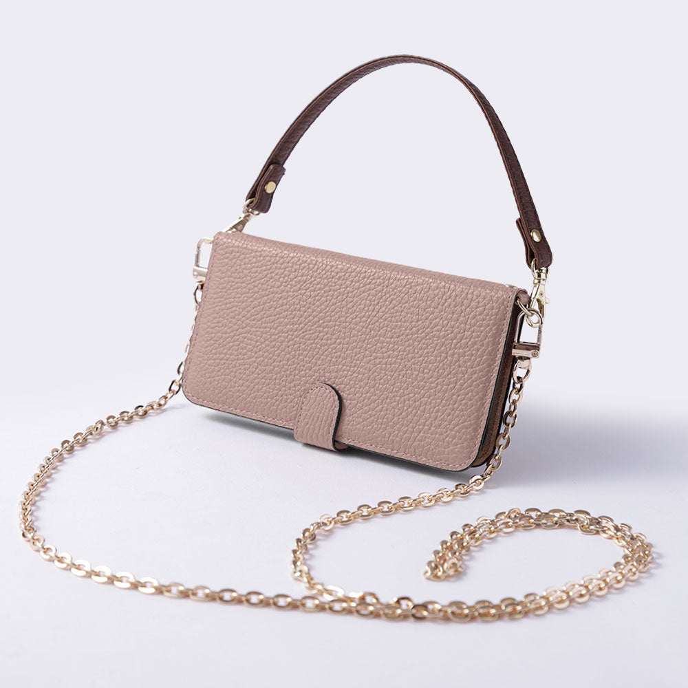 Étui portefeuille en cuir véritable italien grainé 32 couleurs avec sangle courte et chaîne dorée (avec ceinture) pour la série AQUOS