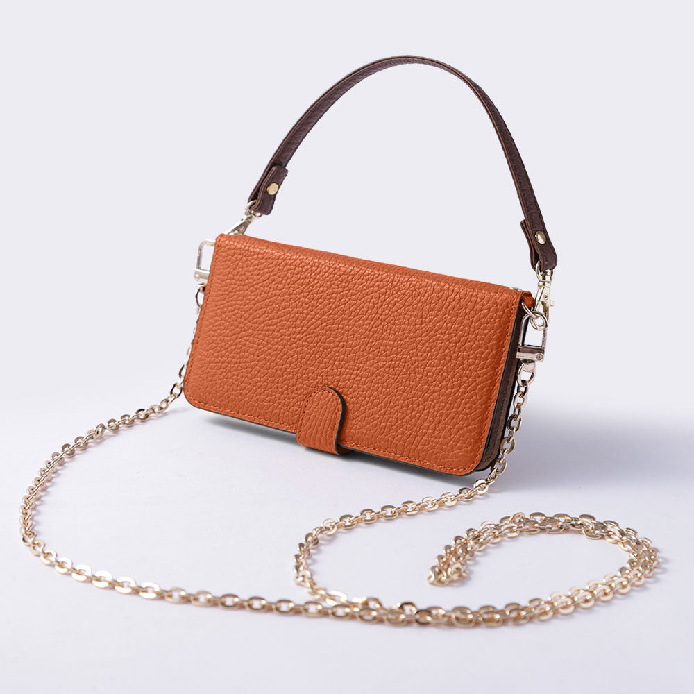 Étui portefeuille en cuir véritable italien grainé 32 couleurs avec sangle courte et chaîne dorée (avec ceinture) pour la série AQUOS