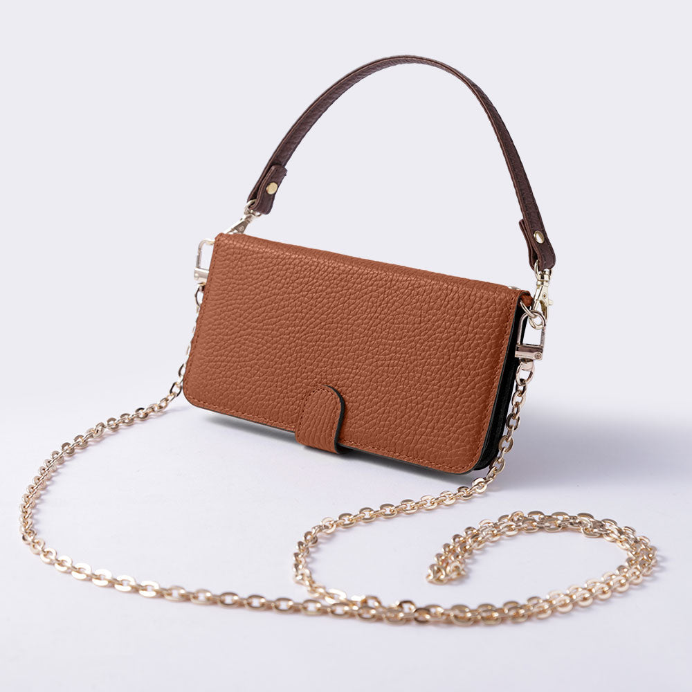 Étui portefeuille en cuir véritable italien grainé 32 couleurs avec sangle courte et chaîne dorée (avec ceinture) pour la série AQUOS