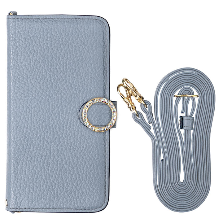 本革 32色 イタリアンシュリンクレザー ショルダーストラップ付き ラウンドストーンデコ 手帳型ケース（ベルトあり）