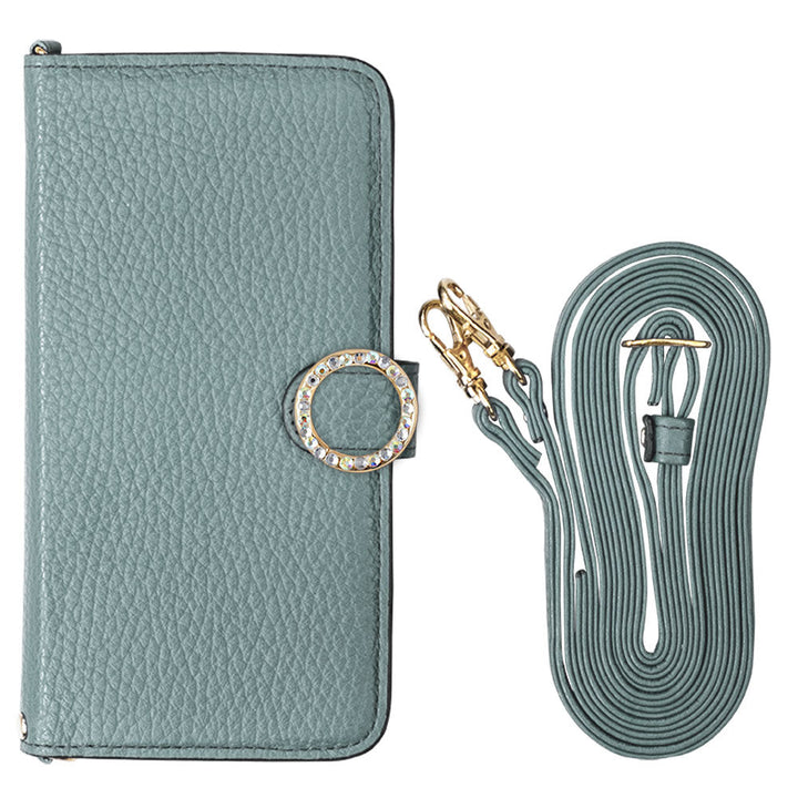 Genuine leather 32 colors Italian shrink leather with shoulder strap round stone deco notebook-style case (with belt) AQUOS series