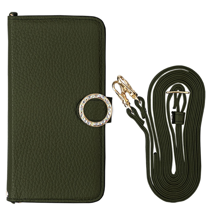 Cuir véritable 32 couleurs cuir italien grainé avec bandoulière, étui portefeuille à décor de pierres rondes (avec ceinture) série Galaxy