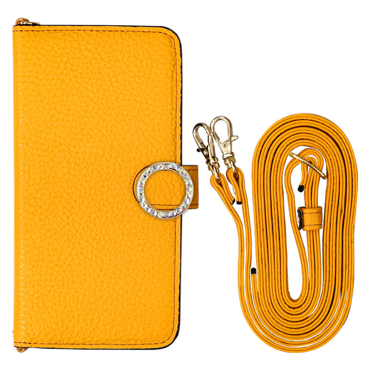 Cuir véritable 32 couleurs cuir italien grainé avec bandoulière, étui portefeuille à décor de pierres rondes (avec ceinture) série Galaxy