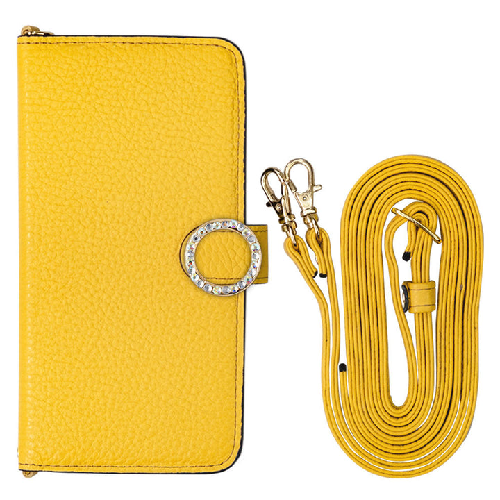 Cuir véritable 32 couleurs cuir italien grainé avec bandoulière, étui portefeuille à décor de pierres rondes (avec ceinture) série Galaxy