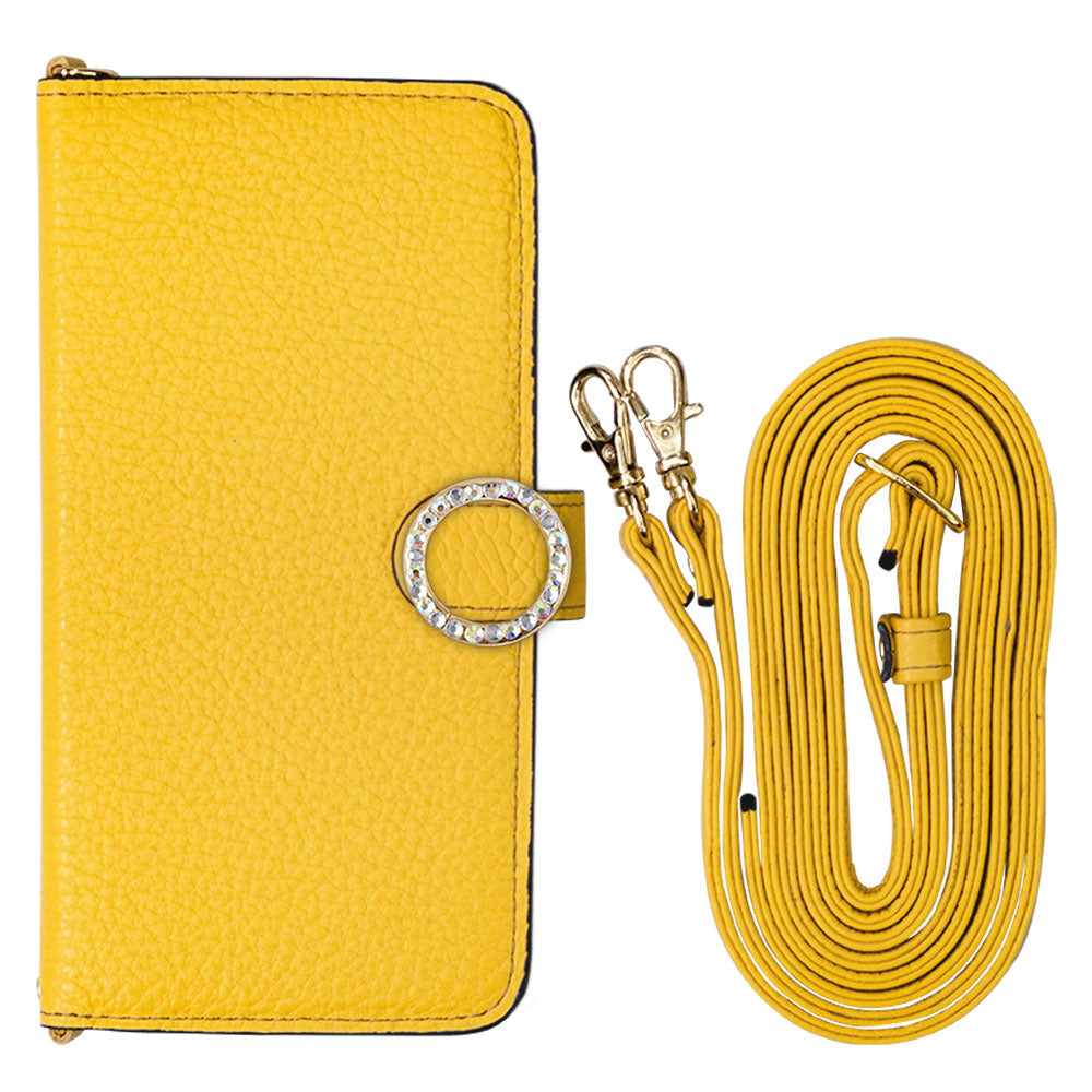 Genuine leather 32 colors Italian shrink leather with shoulder strap round stone deco notebook-style case (with belt) AQUOS series