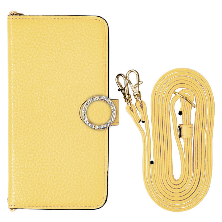 Cuir véritable 32 couleurs cuir italien grainé avec bandoulière, étui portefeuille à décor de pierres rondes (avec ceinture) série Galaxy