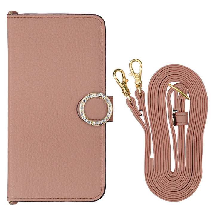 Cuir véritable 32 couleurs cuir italien grainé avec bandoulière, étui portefeuille à décor de pierres rondes (avec ceinture) série Galaxy