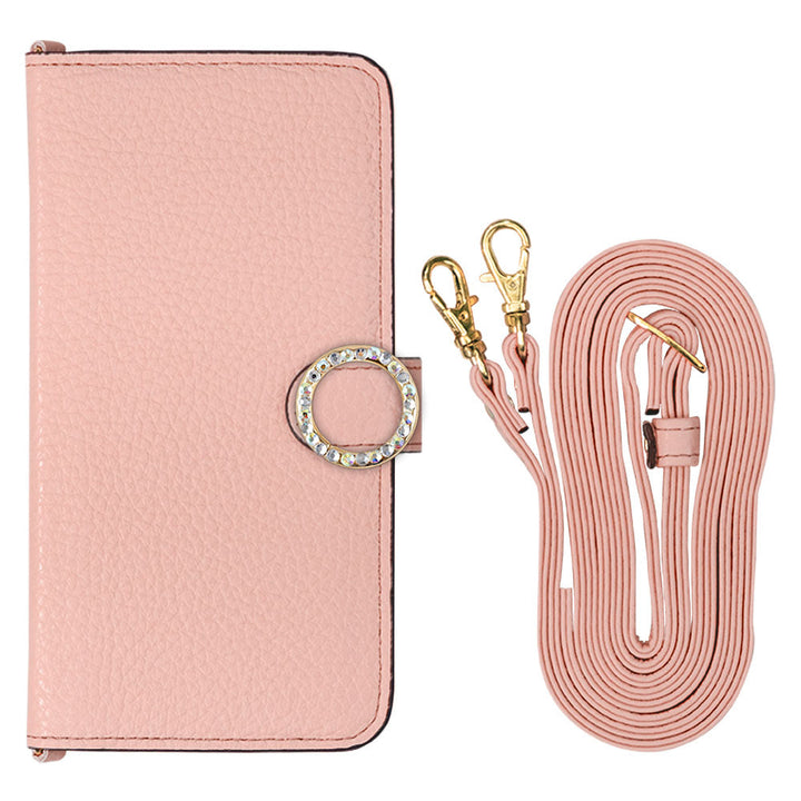 Genuine leather 32 colors Italian shrink leather with shoulder strap round stone deco notebook-style case (with belt) AQUOS series