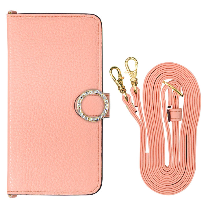 Genuine leather 32 colors Italian shrink leather with shoulder strap round stone deco notebook-style case (with belt) AQUOS series