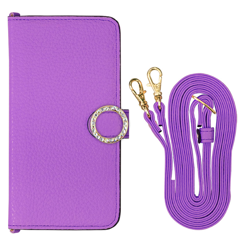 Cuir véritable 32 couleurs cuir italien grainé avec bandoulière, étui portefeuille à décor de pierres rondes (avec ceinture) série Galaxy