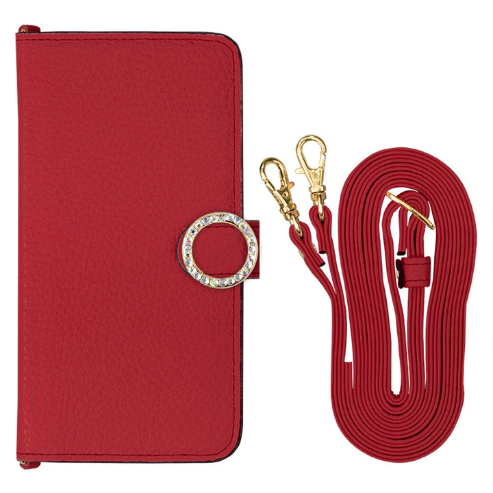 Genuine leather 32 colors Italian shrink leather with shoulder strap round stone deco notebook-style case (with belt) AQUOS series