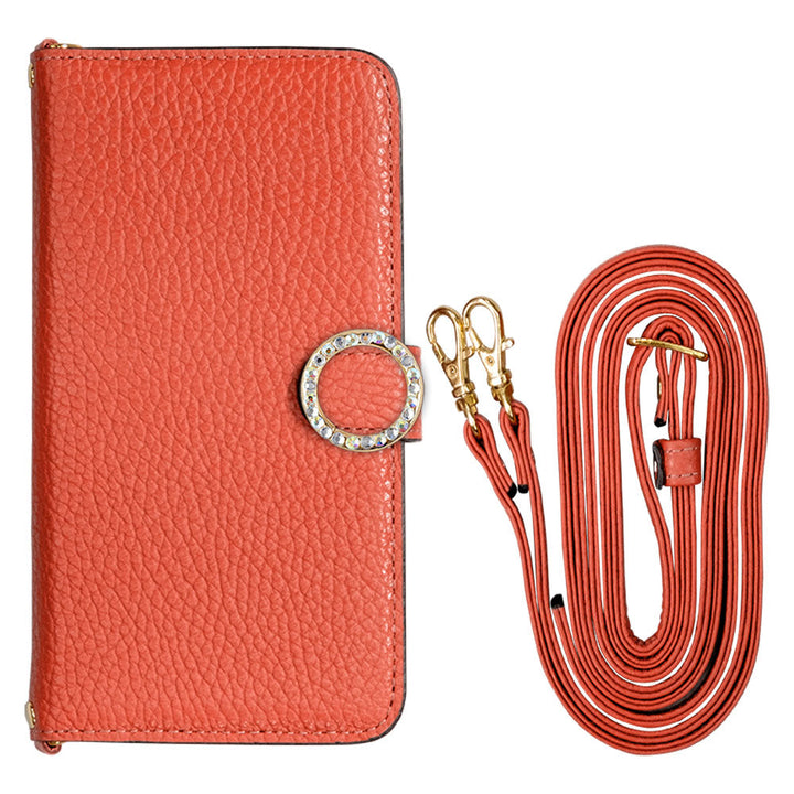 Genuine leather 32 colors Italian shrink leather with shoulder strap round stone deco notebook-style case (with belt) AQUOS series