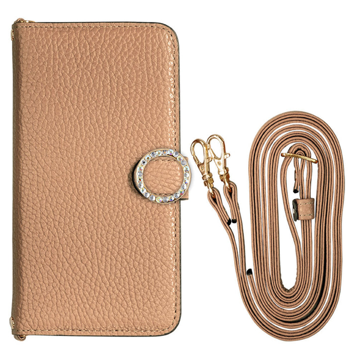 Cuir véritable 32 couleurs cuir italien grainé avec bandoulière, étui portefeuille à décor de pierres rondes (avec ceinture) série Galaxy