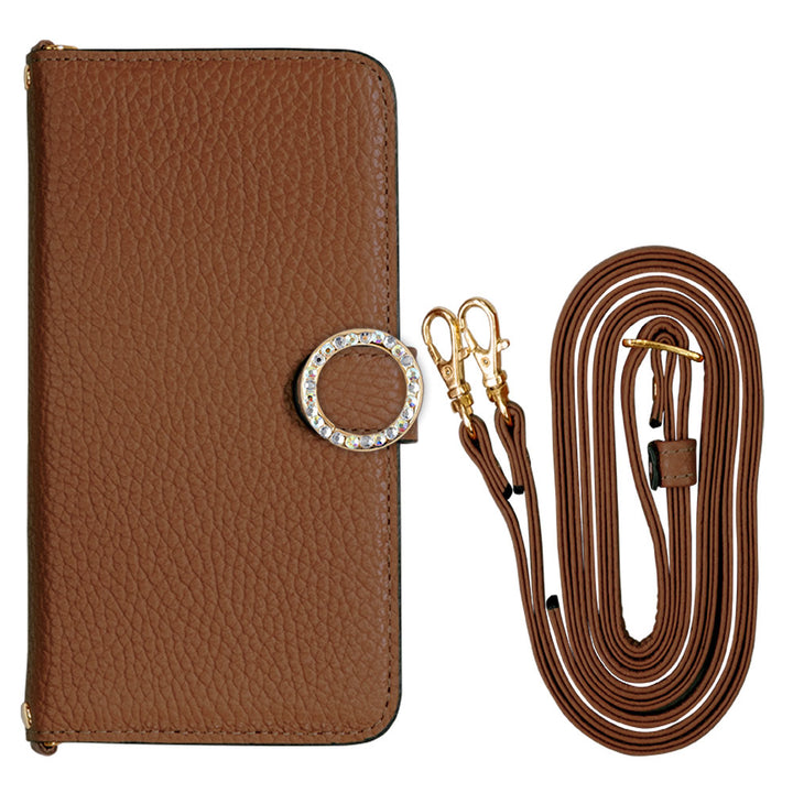 本革 32色 イタリアンシュリンクレザー ショルダーストラップ付き ラウンドストーンデコ 手帳型ケース（ベルトあり）